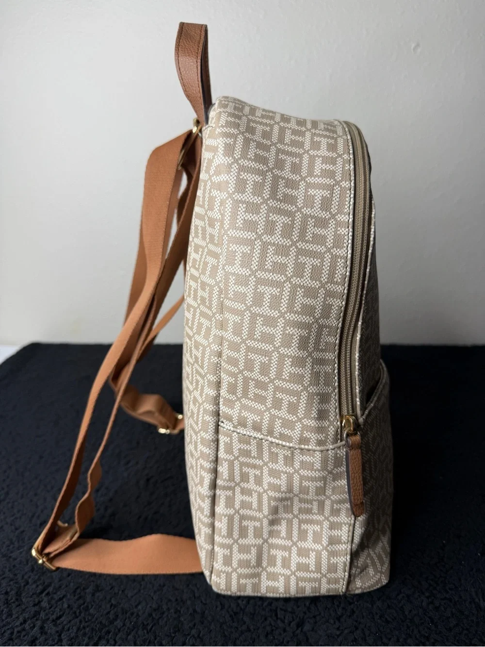 Tommy Hilfiger Women’s Monogram Backpack Logo Tan Beige Stripe